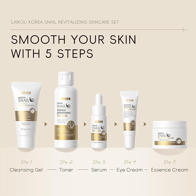 LAIKOU Korean Skin Care, Skin care set, Skin Care Kit Snail and Ginseng with Cleansing Gel, Toner, Eye Cream, Serum, Essence Cream 5pcs for Women Teen Girls Mom Daughter Mother's Day Birthday