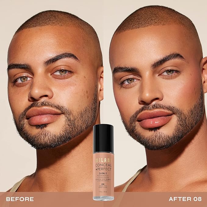 Milani コンシール + パーフェクト 2-in-1 ファンデーション + コンシーラー 完璧な肌へ、目の下のクマ隠し、赤みや欠点をカバー、ウォータープルーフ&スウェットプルーフ - 08-ライトタン