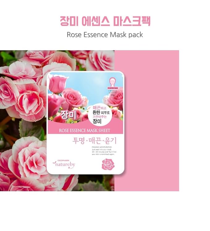 TNB Natureby Collagen Essence Korean Face Mask(10 sheets), Moisturizing Mask Sheet Pack, Korean Skin Care For All Skin Types. (Rose)