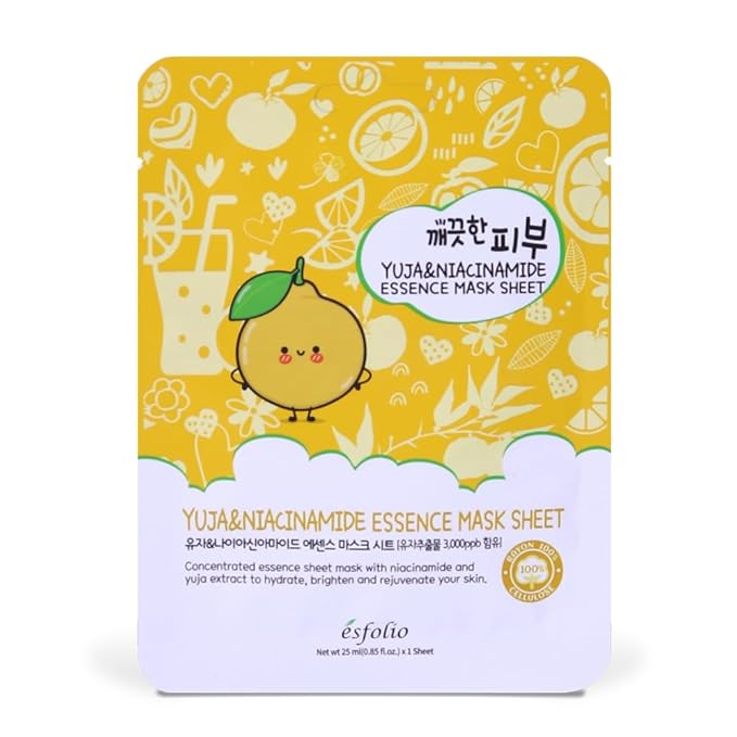 esfolio Yuja & Niacinamide Essence Mask – Hydrating Korean Sheet Mask with Vitamin C – Even Skin Tone, Glow-Boosting & Moisturizing Face Mask for Radiant, Smooth Complexion (Pack of 10)