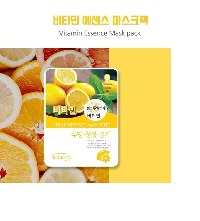 TNB Natureby Collagen Essence Korean Face Mask(10 sheets), Moisturizing Mask Sheet Pack, Korean Skin Care For All Skin Types. (Vitamin)