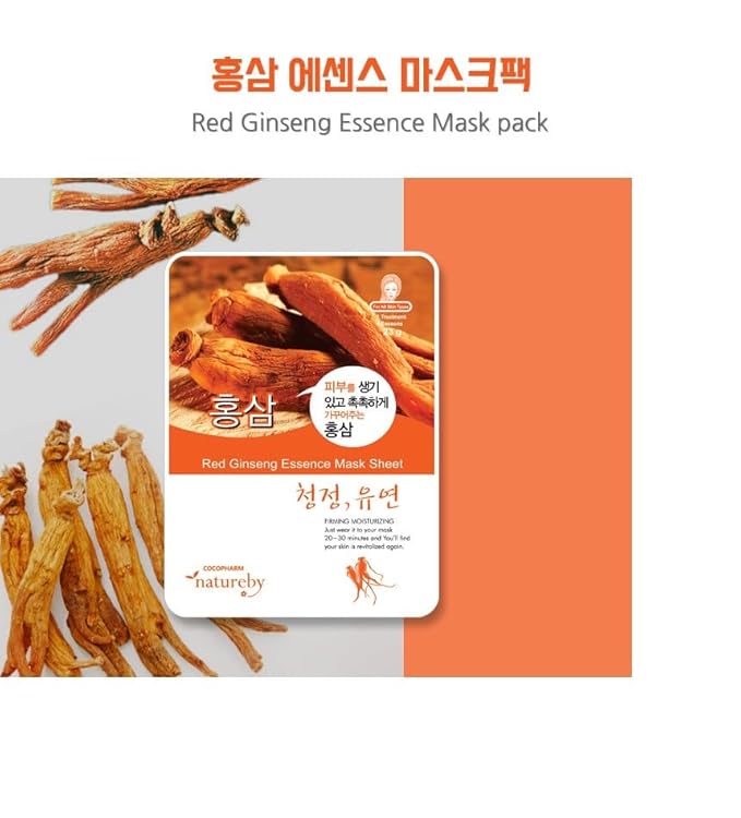 TNB Natureby Collagen Essence Korean Face Mask(10 sheets), Moisturizing Mask Sheet Pack, Korean Skin Care For All Skin Types. (Red ginseng)