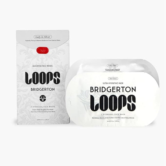 LOOPS Beauty ブリジャートン™ NETFLIX レディ・イン・シルバーセット - あらゆる肌の瞬間に最適なハイドロゲルフェイスマスク フェイスマスク - 2つの保湿マスク - デュークラウドとドリームスリープ - 全肌タイプ用、2枚入り