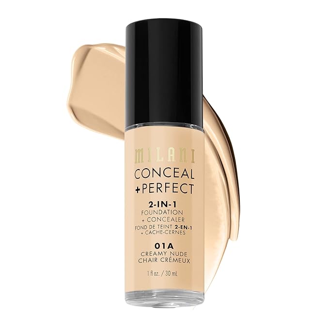 Milani Conceal + Perfect 2-in-1 Foundation + Concealer for a Flawless Complexion, Under Eye Corrector, Cover Redness and Imperfections, Waterproof and Sweatproof - 01A-Creamy Nude