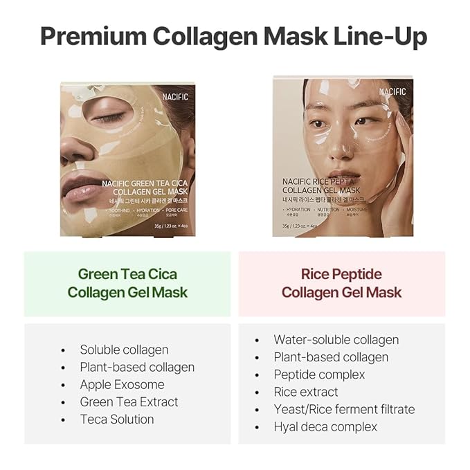 NACIFIC Collagen Gel Facial Mask (Green Tea Cica) 4EA Set, Hydrogel Care for All Skin Types, Hydrating, Firming, Elasticity, Pore Minimizing, Glass Glow Skin, Korean Beauty