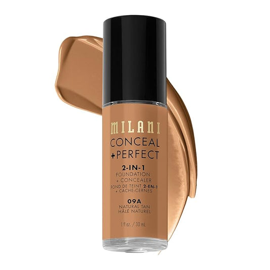 Milani Conceal + Perfect 2-in1 ファンデーション + コンシーラー 完璧な肌色に、目の下のクマ補正、赤みや欠点をカバー、ウォータープルーフ＆スウェットプルーフ - 09A-ナチュラルタン