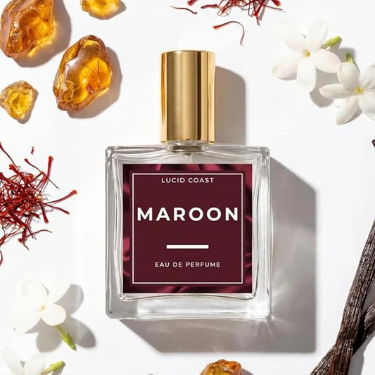 Lucid Coast Maroon Perfume – Ambery Saffron & Jasmine – Inspired by Baccarat Rouge 540 – Long Lasting Extrait Strength Fragrance – Notes of Cedarwood & Ambergris – Clean, Vegan & Cruelty Free