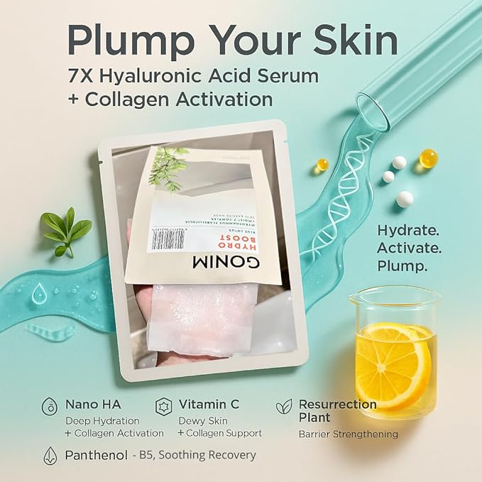 GONIM Face Mask Korean Skin Care with Hyaluronic Acid Serum & Collagen Activation, Hydrating Face Masks Skincare with Vitamin C, Moisturizing Sheet Mask for All Skin, Korean Face Mask 10 Sheets
