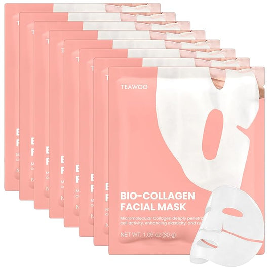 TEAWOO Bio-Collagen Facial Mask 8 EA, Hydrating & Soothing Hydrogel Face Mask, Overnight Collagen Face Mask for Glass Skin & Elasticity, Korean Skin Care