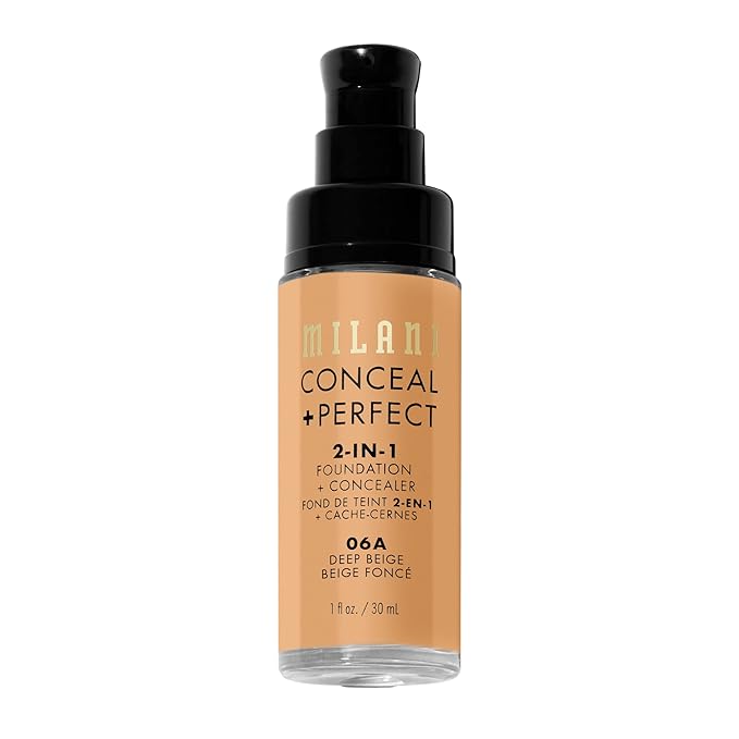 Milani コンシール + パーフェクト 2-in-1 ファンデーション + コンシーラー、完璧な肌へ、目の下のクマ隠し、赤みや肌の欠点をカバー、ウォータープルーフ＆スウェットプルーフ - 06A-ディープベージュ