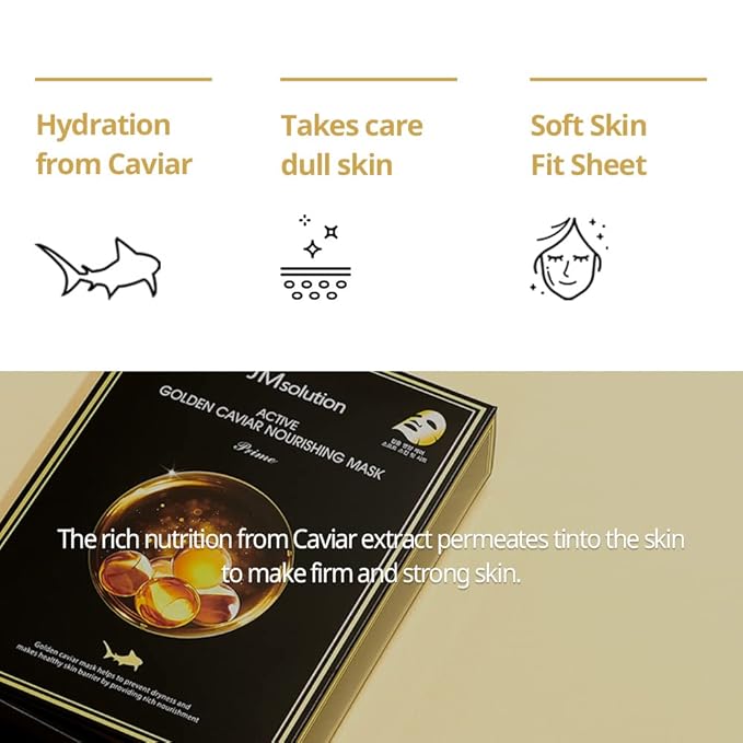 JMsolution アクティブゴールデンキャビア栄養マスク - 韓国スキンケアフェイスマスク - キャビアエキス配合 - コラーゲンエッセンス - 全ての肌タイプに 10枚入り