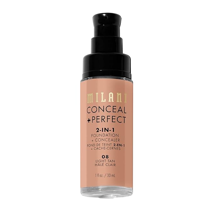 Milani コンシール + パーフェクト 2-in-1 ファンデーション + コンシーラー 完璧な肌へ、目の下のクマ隠し、赤みや欠点をカバー、ウォータープルーフ＆スウェットプルーフ - 08-ライトタン