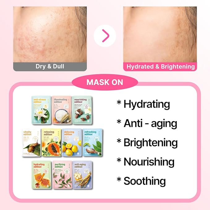 [MASK ON] 韓国製保湿フェイスマスク スキンケア (20枚入り) – 10種の天然成分配合、全肌質対応、毎日の保湿・エイジングケア用フェイスマスク大容量パック - セルフケアやギフトボックスに最適