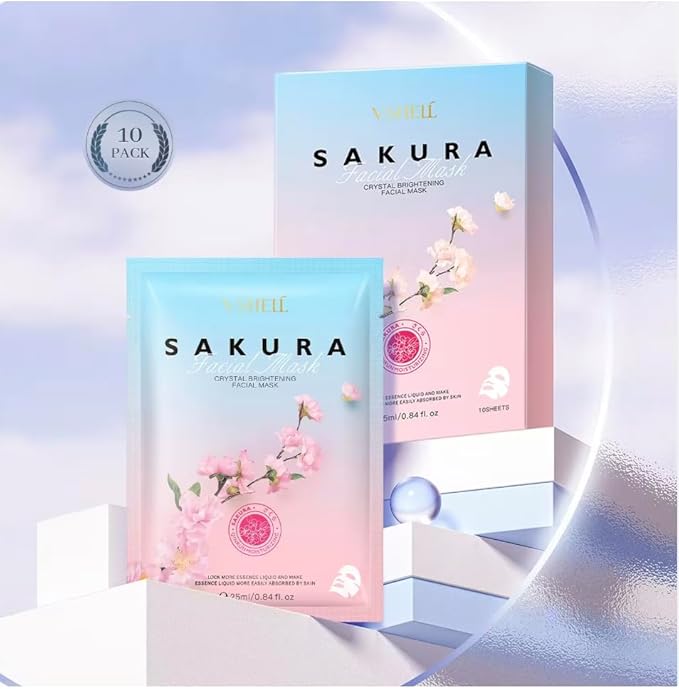 Sakura Brightening Sheet Mask (10 Pack) – Hydrating Face Masks with Sakura Extract & Arbutin – Helps Improve the Look of Dullness, Dark Spots & Uneven Tone – Gentle for Sensitive Skin