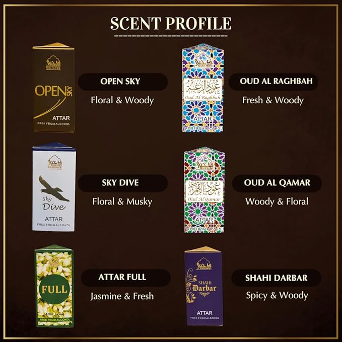Dukhni Mixed Attar Oil Set | 6 Rollerball perfumes x 6ml | Best Arabic Perfumes for Men & Women | Pure Oudh Musk & Jasmine Arabic Oils | Non-Alcoholic & Vegan | Great for Everyday Office Wear