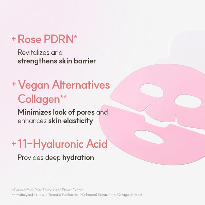 The Face Shop ローズPDRNピンクコラーゲンフェイスマスク、韓国ガラス肌エッセンシャル、保湿＆肌の弾力性のためのヒアルロン酸、引き締め、4枚入り