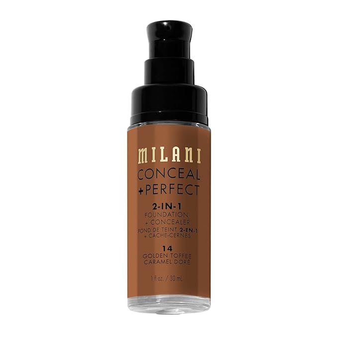 Milani Conceal + Perfect 2-in1 ファンデーション + コンシーラー、完璧な肌へ導く、目の下のクマ隠し、赤みや肌悩みをカバー、ウォータープルーフ、スウェットプルーフ - 14-ゴールデントフィー