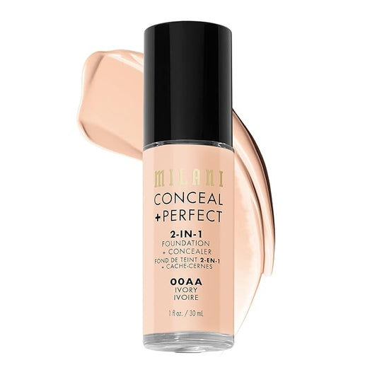 Milani コンシール + パーフェクト 2-in-1 ファンデーション + コンシーラー 完璧な肌色、クマ補正、赤みや欠点をカバー、ウォータープルーフ＆スウェットプルーフ - 00AA-アイボリー