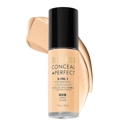 Milani Conceal + Perfect 2-in1 ファンデーション + コンシーラー、完璧な肌へ、クマ補正、赤みや肌悩みをカバー、ウォータープルーフ、スウェットプルーフ - 00B-ライト