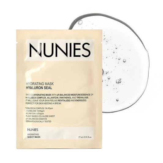 NUNIES ハイドレーティングシートマスク – 乾燥肌・敏感肌用 韓国保湿フェイスマスク | 10層ヒアルロン酸、トレハロース、アラントイン配合 | ツヤ、pHバランス | 無香料、無着色 | 5枚入り
