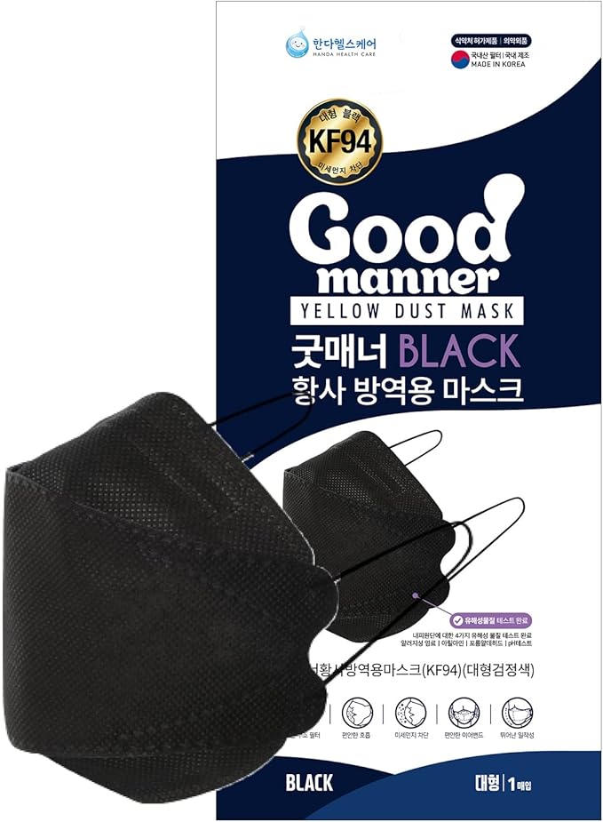 (20 Count) BLACK KF94 Certified Protective Face Safety Mask, For Adults and Older Children, Individually Packaged, Made in South Korea - Good Manner