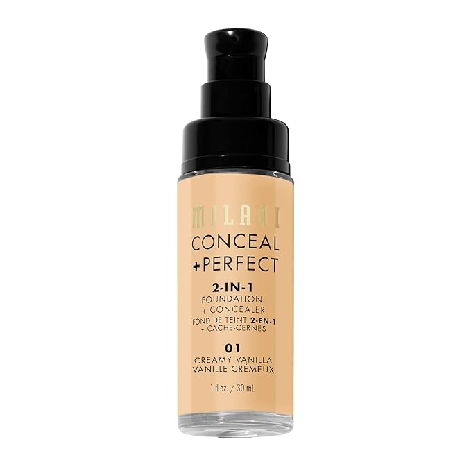 Milani Conceal + Perfect 2-in-1 ファンデーション + コンシーラー、完璧な肌へ、目の下のクマ補正、赤みや欠点をカバー、ウォータープルーフ＆汗に強い - 01 クリーミーバニラ