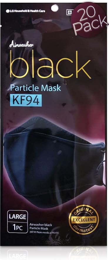 [Airwasher] KF94 使い捨てフェイスマスク - 韓国製、ブラック 通気性 再利用可能 フェイスマスク、個別包装 4層 調節可能 布マスク、20枚入り