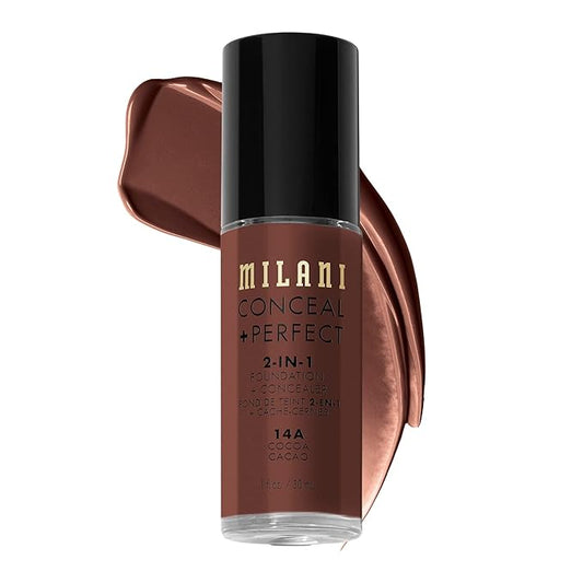 Milani Conceal + Perfect 2-in1 ファンデーション + コンシーラー (シミのない肌へ、目の下のクマ補正、赤みや欠点をカバー、ウォータープルーフ・スウェットプルーフ) - 14A-ココア