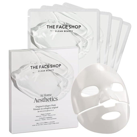 THE FACE SHOP オリジナル ビーガン コラーゲン フェイスマスク、韓国グラススキンエッセンシャル、ハリと弾力をもたらすペプチドハイドロゲルマスク、保湿、4枚入り