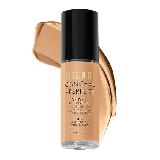 Milani コンシール + パーフェクト 2-in-1 ファンデーション + コンシーラー、完璧な肌へ、目の下のクマ隠し、赤みと欠点をカバー、ウォータープルーフ、スウェットプルーフ - 05-ウォームベージュ