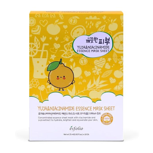 esfolio Yuja & Niacinamide Essence Mask – Hydrating Korean Sheet Mask with Vitamin C – Even Skin Tone, Glow-Boosting & Moisturizing Face Mask for Radiant, Smooth Complexion (Pack of 10)