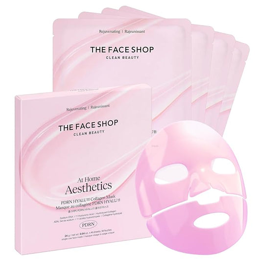 The Face Shop ローズPDRNピンクコラーゲンフェイスマスク、韓国ガラス肌エッセンシャル、保湿＆肌の弾力性のためのヒアルロン酸、引き締め、4枚入り
