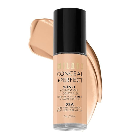 Milani コンシール + パーフェクト 2-in-1 ファンデーション + コンシーラー 完璧な肌へ、目の下のクマ隠し、赤みや肌の欠点をカバー、ウォータープルーフ、スウェットプルーフ - 02A-クリーミーナチュラル