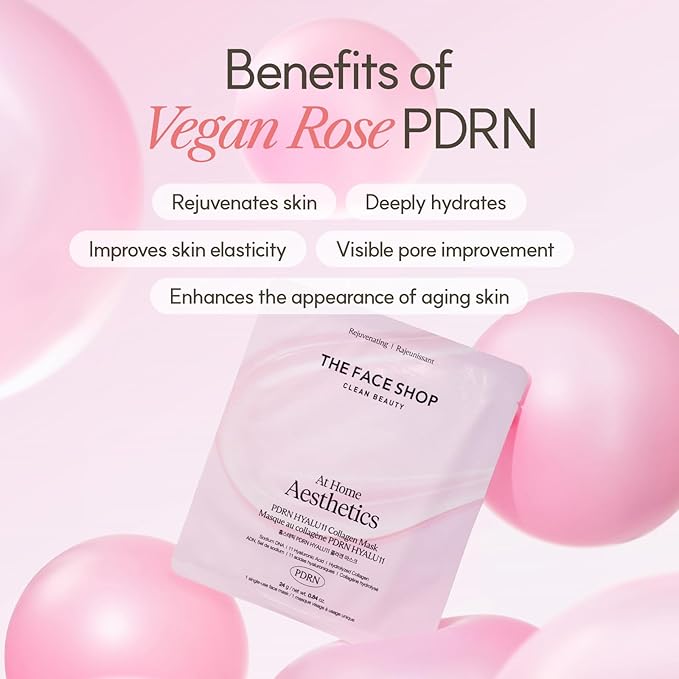 The Face Shop ローズPDRNピンクコラーゲンフェイスマスク、韓国ガラス肌エッセンシャル、保湿＆肌の弾力性のためのヒアルロン酸、引き締め、4枚入り