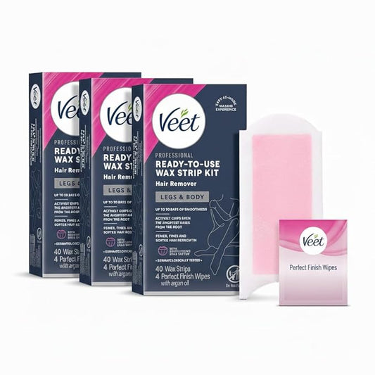 VEET Sugar Wax Strips For Women's Body Hair Removal, Bikini Hair Removal Kit, Pubic, Dermatologically Tested For Body & Intimate Areas, 40ct Wax Strips with Shea Butter & 4ct Wipes (Pack of 3)
