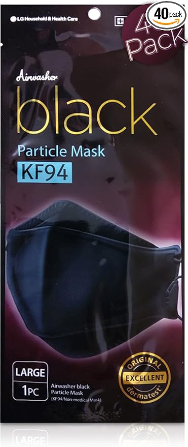 [Airwasher] KF94 Disposable Face Mask - Made in Korea, Black Breathable Reusable Face Mask, Individually Wrapped 4-Ply Adjustable Cloth Masks, 40 Pack