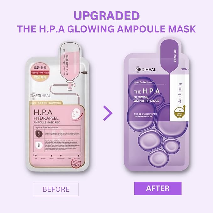 メディヒール 公式ベストNo.1 韓国シートマスク - HPAアンプルフェイスマスク 10枚入り スムージング、LHA&PHA配合で瞬時に輝く肌へ