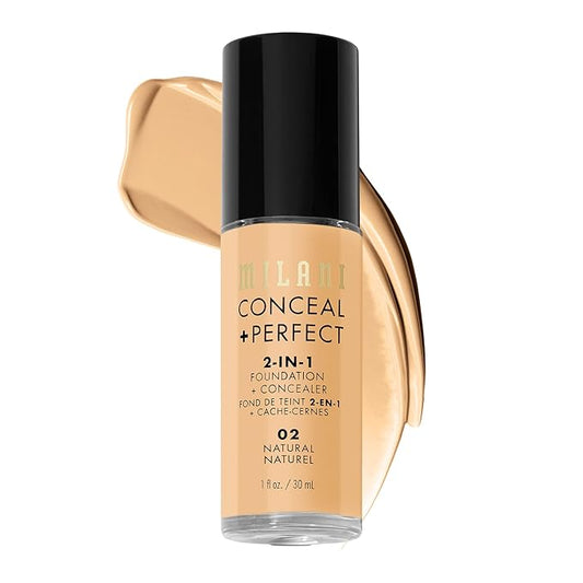Milani Conceal + Perfect 2-in-1 ファンデーション + コンシーラー、シミのない肌へ、目の下のクマ補正、赤みや欠点をカバー、ウォータープルーフ＆汗に強い - 02-ナチュラル