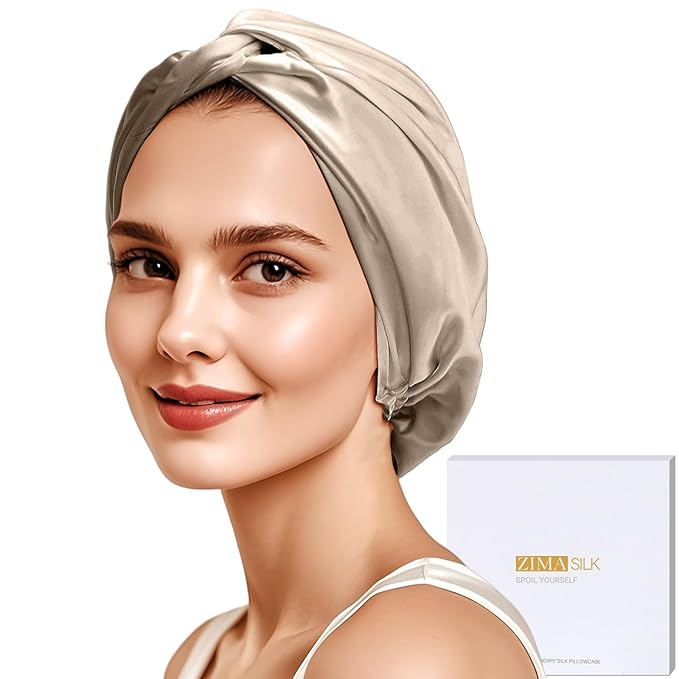 ZIMASILK 22匁 調節可能 100%桑シルクボンネット 就寝用 女性向け、抜け毛を減らすヘア保護用シルクヘアラップ (1個、トープ)