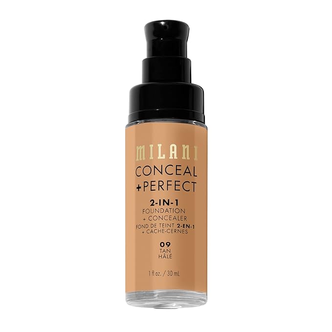 Milani Conceal + Perfect 2-in-1 Foundation + Concealer for a Flawless Complexion, Under Eye Corrector, Cover Redness and Imperfections, Waterproof and Sweatproof - 09-Tan