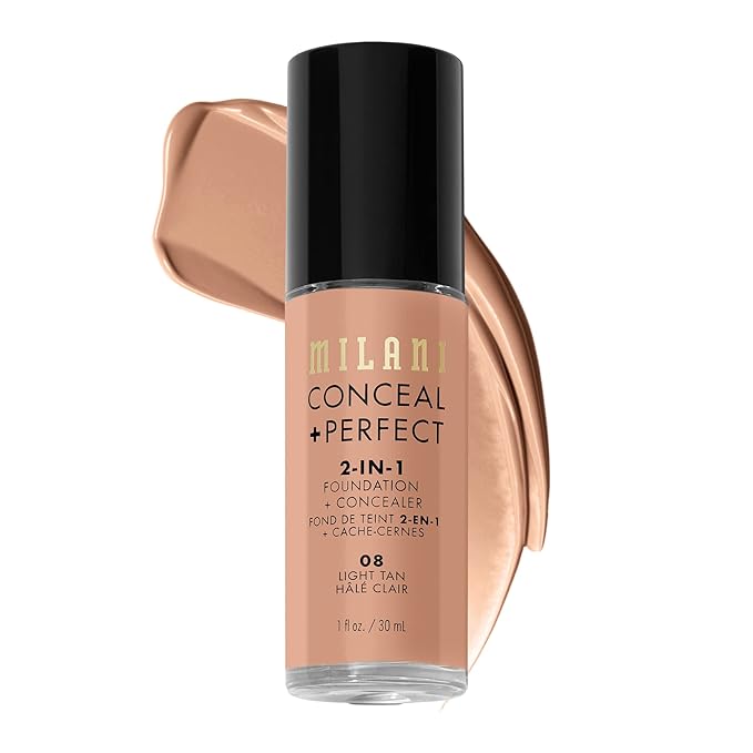 Milani コンシール + パーフェクト 2-in-1 ファンデーション + コンシーラー 完璧な肌へ、目の下のクマ隠し、赤みや欠点をカバー、ウォータープルーフ＆スウェットプルーフ - 08-ライトタン