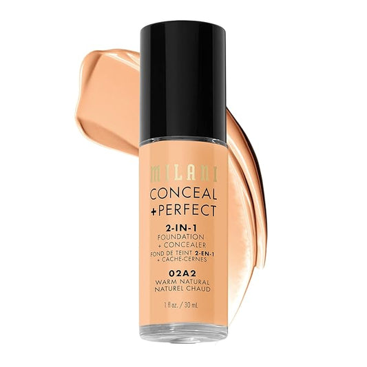Milani コンシール + パーフェクト 2-in-1 ファンデーション + コンシーラー 完璧な肌へ、目の下のクマ隠し、赤みと欠点をカバー、ウォータープルーフ・スウェットプルーフ - 02A2-ウォームナチュラル