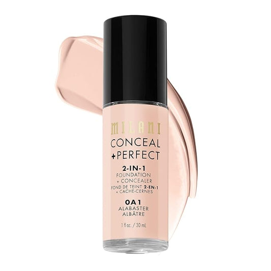 Milani コンシール + パーフェクト 2-in-1 ファンデーション + コンシーラー、完璧な肌へ、目の下のクマ隠し、赤みや肌の欠点をカバー、ウォータープルーフ＆スウェットプルーフ - 0A1-アラバスター