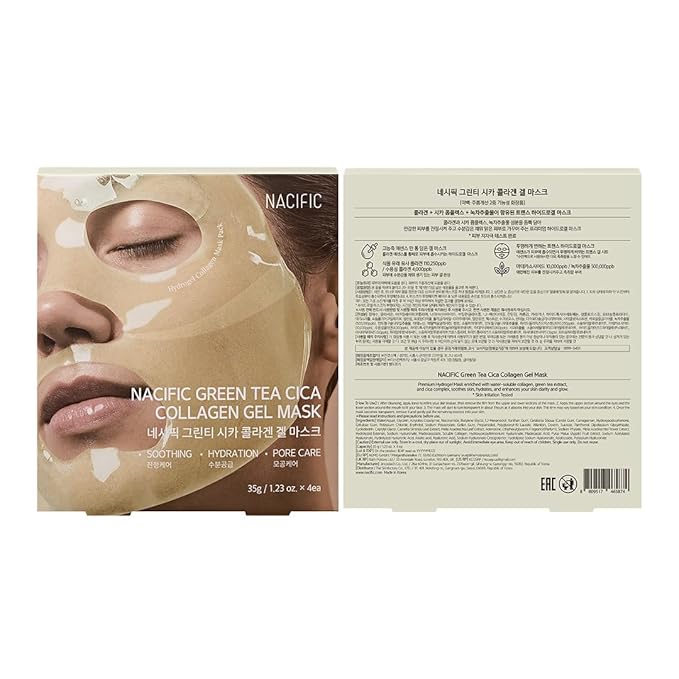 NACIFIC Collagen Gel Facial Mask (Green Tea Cica) 4EA Set, Hydrogel Care for All Skin Types, Hydrating, Firming, Elasticity, Pore Minimizing, Glass Glow Skin, Korean Beauty