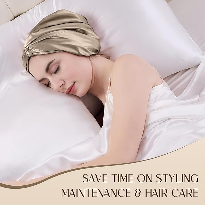 ZIMASILK 22匁 調節可能 100%桑シルクボンネット 就寝用 女性向け、抜け毛を減らすヘア保護用シルクヘアラップ (1個、トープ)