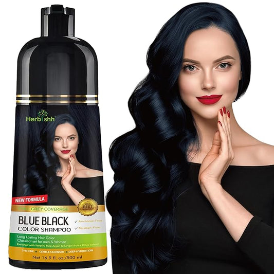 ハービッシュ ヘアカラーシャンプー - 白髪染め用 長持ちする魔法のヘアダイシャンプー - 数分で染まる500ml 3-in-1アンモニアフリー処方 (ブルーブラック)