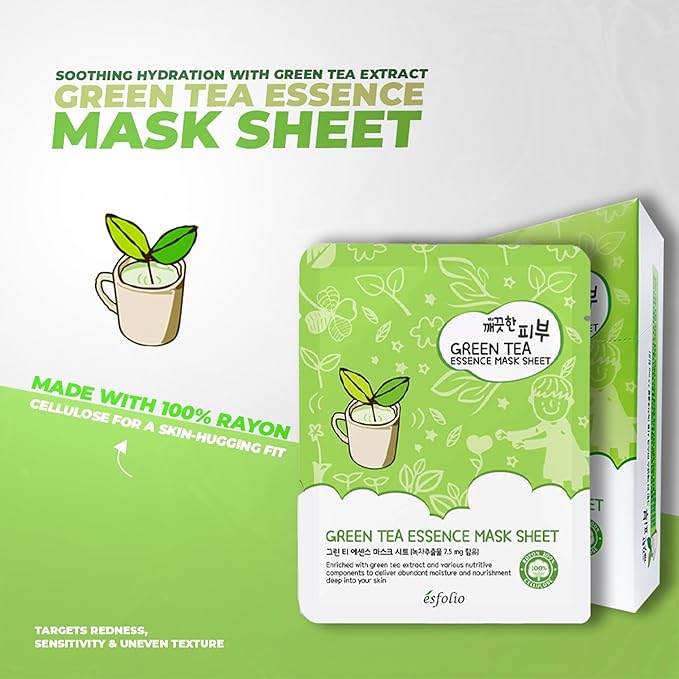 Esfolio Green Tea Essence Face Mask – Hydrating, Soothing, Antioxidant-Rich Sheet Mask for All Skin Types – Moisturizing, Revitalizing Face Treatment for Sensitive, and Blemish-Prone Skin (Pack of 10)