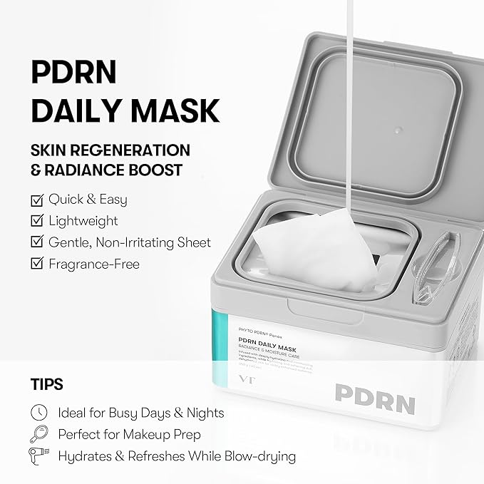 VT COSMETICS PDRN Daily Mask 30 Sheets, Vegan PDRN for Skin Restoration & Radiance, Hydrating & Moisturizing, Anti-Aging, Plumping Effect, Korean Face Mask (350g)