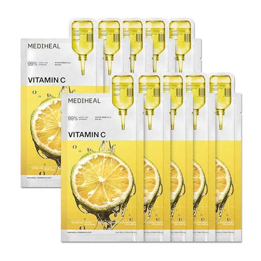 メディヒール ティーツリーエッセンシャルマスク クリアトーニング 10枚。99%純粋ビタミンC＆10種類のビタアクティブ配合。うるおい、シミ対策。ヴィーガン処方。