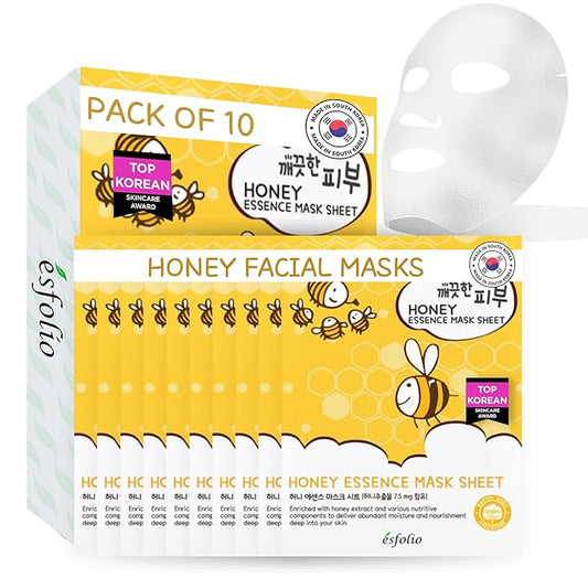 esfolio Honey Essence Face Mask – Hydrating & Nourishing Sheet Mask for Dry, Dull, Sensitive Skin – Moisturizing Face Treatment with Natural Honey Extract (Pack of 10)
